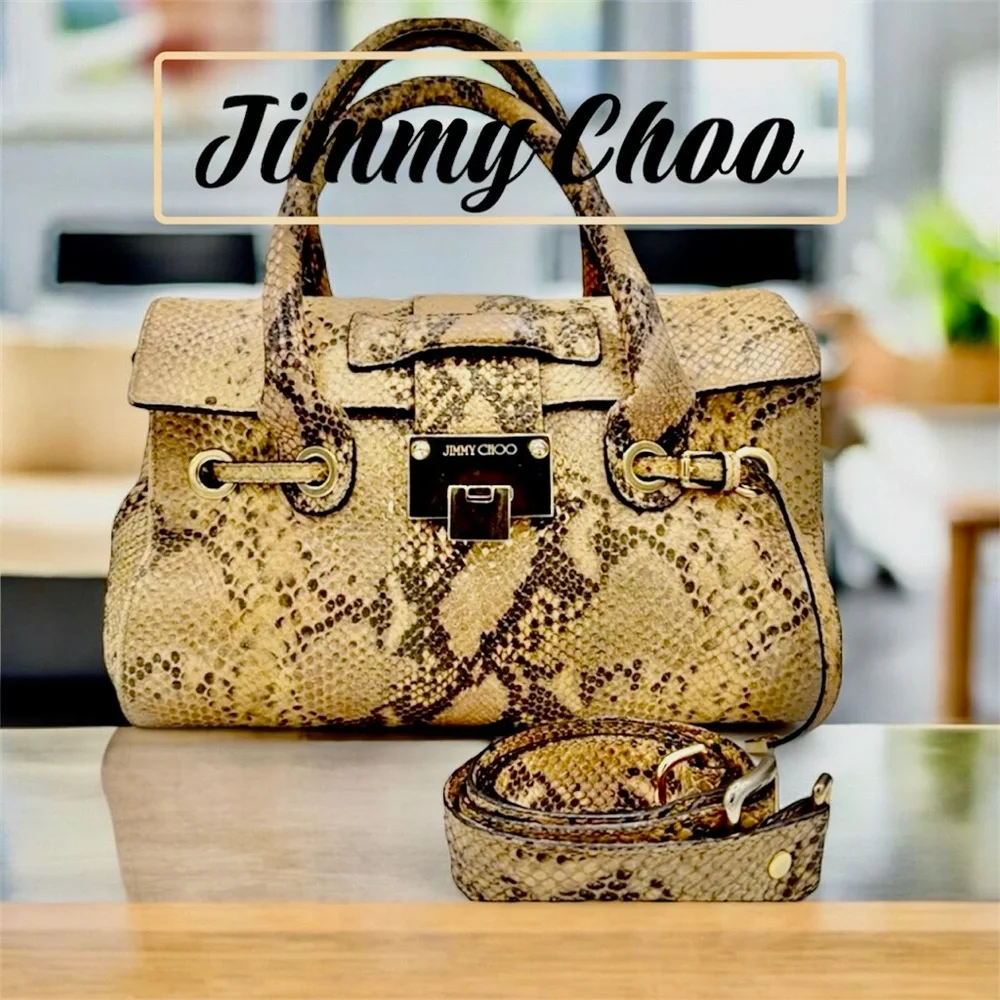 Jimmy Choo Rosalie Python-Embossed Handbag Tan Snake Print Satchel